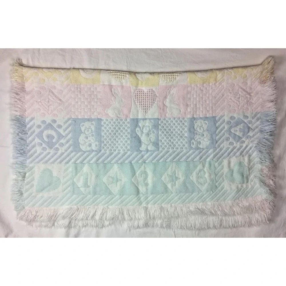 Vtg Pastel Tapestry Baby Blanket Fringe Pink Blue Yellow Green Bear 1 2 3 A B C